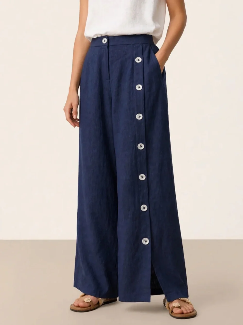 NIB UNOPENED 100% NAVY LINEN Buttoned Slit-Hem Pants KATYA Style